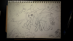 Size: 600x338 | Tagged: safe, artist:phyllismi, character:applejack, character:big mcintosh, character:flutterbat, character:fluttershy, species:bat pony, species:pony, episode:bats!, g4, my little pony: friendship is magic, apple, food, notebook, pencil drawing, photo, race swap, scarecrow, sketch, traditional art, tree, wip