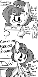 Size: 726x1452 | Tagged: safe, artist:tjpones, oc, oc only, oc:brownie bun, oc:richard, species:earth pony, species:human, species:pony, horse wife, comic, cute, fourth wall, glasses, grayscale, hypocritical humor, irony, leaning on the fourth wall, monochrome, newspaper, reading