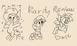 Size: 2160x1280 | Tagged: safe, artist:tjpones, character:pinkie pie, character:rainbow dash, character:rarity, species:pony, black and white, doodle, grayscale, monochrome, pink background, simple background, stylistic suck