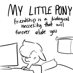 Size: 696x696 | Tagged: safe, artist:tjpones, oc, oc only, species:pony, bed, black and white, computer, forever alone, grayscale, meme, monochrome, solo, window
