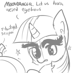 Size: 792x792 | Tagged: safe, artist:tjpones, character:moondancer, character:twilight sparkle, species:pony, ship:twidancer, eyebrows, female, lesbian, monochrome, senpai, shipping, stars, thick eyebrows, wat
