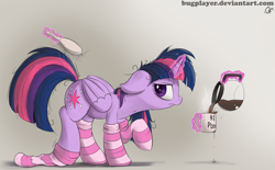 Size: 2000x1240 | Tagged: safe, artist:bugplayer, character:twilight sparkle, character:twilight sparkle (alicorn), species:alicorn, species:pony, brush, brushie, clothing, coffee, female, food, mare, messy mane, morning ponies, mug, socks, solo, striped socks, twilight is not amused, unamused