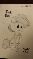 Size: 724x1280 | Tagged: safe, artist:tjpones, oc, oc only, oc:pork bun, species:earth pony, species:pony, horse wife, black and white, cheek fluff, eating, grayscale, hoof hold, lineart, male, monochrome, sitting, solo, stallion, text, traditional art
