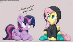 Size: 3000x1725 | Tagged: safe, artist:bugplayer, character:fluttershy, character:twilight sparkle, character:twilight sparkle (alicorn), species:alicorn, species:pegasus, species:pony, alternate hairstyle, both cutie marks, bugplayer is trying to murder us, clothing, cute, female, frown, hoodie, hug life, looking up, mare, messy mane, open mouth, prone, rad, raised eyebrow, shyabetes, sitting, smiling, socks, striped socks, twiabetes