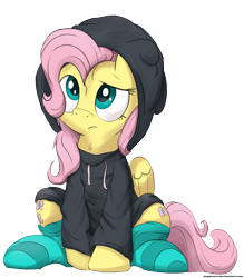 Size: 1341x1533 | Tagged: safe, artist:bugplayer, edit, character:fluttershy, species:pegasus, species:pony, both cutie marks, bugplayer is trying to murder us, clothing, cute, female, hoodie, hug life, looking up, mare, messy mane, raised eyebrow, shyabetes, simple background, sitting, socks, solo, striped socks, transparent background