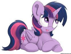 Size: 1473x1115 | Tagged: safe, artist:bugplayer, edit, character:twilight sparkle, character:twilight sparkle (alicorn), species:alicorn, species:pony, alternate hairstyle, bugplayer is trying to murder us, cute, female, looking up, mare, open mouth, prone, simple background, smiling, solo, transparent background, twiabetes
