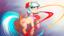 Size: 2500x1415 | Tagged: safe, artist:antiander, character:coco pommel, species:earth pony, species:pony, g4, abstract background, ascot, color porn, cutie mark, featured on derpibooru, featureless crotch, flower, flower in hair, grin, looking back, mouth hold, needle, photoshop, plot, raised hoof, ribbon, smiling, solo, tail wrap, unshorn fetlocks