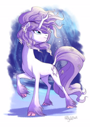 Size: 2480x3507 | Tagged: safe, artist:yulyeen, character:tree of harmony, oc, oc only, oc:harmony (heilos), species:classical unicorn, species:pony, cloven hooves, female, flower, flower in hair, flower in tail, leonine tail, looking up, mare, ponified, raised hoof, simple background, solo, tree of harmony, unshorn fetlocks