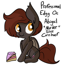 Size: 792x792 | Tagged: safe, artist:tjpones, oc, oc only, oc:murder slice, species:bat pony, species:pony, cake, cheek fluff, chest fluff, cute, cute little edge muffin, edgy, fangs, female, fluffy, food, looking back, mare, murder, raised hoof, simple background, sitting, smiling, solo, white background