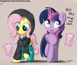 Size: 2600x2200 | Tagged: safe, artist:bugplayer, character:angel bunny, character:fluttershy, character:twilight sparkle, character:twilight sparkle (alicorn), species:alicorn, species:pony, bugplayer is trying to murder us, clothing, coffee, cute, female, food, hoodie, mare, shyabetes, socks, striped socks, twiabetes