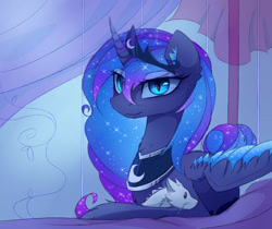 Size: 1600x1344 | Tagged: dead source, safe, artist:magnaluna, character:princess luna, oc, oc:zefiroth, species:dragon, canon x oc, eastern dragon, looking at you, plushie, prone, shipping, solo