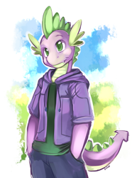 Size: 650x873 | Tagged: safe, artist:ende26, character:spike, species:anthro, clothing, hoodie, male, older, older spike, solo