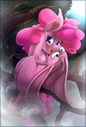 Size: 1181x1748 | Tagged: safe, artist:failprofile, artist:madacon, character:pinkie pie, species:anthro, cute, fangs, female, pinkiebat, solo, wing arms