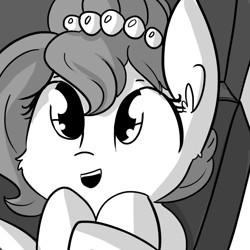 Size: 792x792 | Tagged: safe, artist:tjpones, edit, editor:dsp2003, oc, oc only, oc:brownie bun, species:earth pony, species:pony, :d, briefcase, cute, female, grayscale, monochrome, ocbetes, suitcase, weapons-grade cute