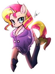 Size: 982x1316 | Tagged: safe, artist:lessue, character:sunset shimmer, species:pony, species:unicorn, clothing, coat, hoof boots, solo, winter outfit
