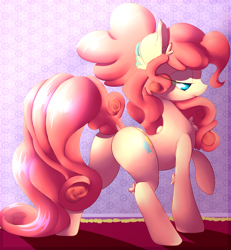 Size: 3000x3250 | Tagged: safe, artist:madacon, character:pinkie pie, species:earth pony, species:pony, alternate hairstyle, bedroom eyes, chest fluff, colored, cute, diapinkes, dock, ear fluff, female, leg fluff, looking away, no pupils, plot, ponytail, raised hoof, rear view, smiling, solo