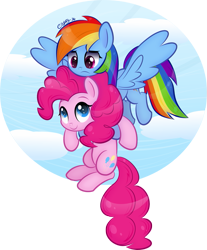Size: 699x845 | Tagged: safe, artist:ctb-36, character:pinkie pie, character:rainbow dash, species:earth pony, species:pegasus, species:pony, female, flying, holding a pony, looking at each other, mare, smiling, spread wings, unamused, wings