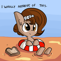 Size: 792x792 | Tagged: safe, artist:tjpones, oc, oc only, oc:brownie bun, species:earth pony, species:pony, horse wife, bread, cheek fluff, dialogue, ear fluff, female, food, inner tube, mare, peanut butter, solo, swimming, toast
