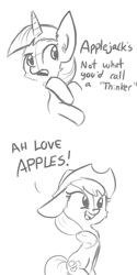 Size: 792x1584 | Tagged: safe, artist:tjpones, character:applejack, character:twilight sparkle, species:pony, chest fluff, cute, grayscale, jackabetes, monochrome, silly, silly pony, that pony sure does love apples, who's a silly pony