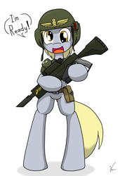 Size: 652x900 | Tagged: safe, artist:sandwich-anomaly, character:derpy hooves, species:pony, bipedal, crossover, happy, imperial guard, lasgun, semi-anthro, solo, warhammer (game), warhammer 40k