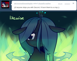 Size: 640x512 | Tagged: safe, artist:pekou, character:queen chrysalis, species:changeling, ask, ask chrysalis, changeling queen, female, floppy ears, solo, tumblr