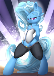 Size: 3000x4250 | Tagged: safe, artist:madacon, character:trixie, character:twilight sparkle, species:pony, bipedal, chest fluff, clothing, corset, fireworks, human shoulders, looking at you, pants, pubic fluff, smiling, solo, stage