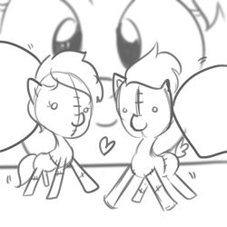 Size: 697x697 | Tagged: safe, artist:tjpones, oc, oc only, species:pony, doll, grayscale, heart, monochrome, now kiss, ponies playing with ponies, shipper on deck, shipping, toy