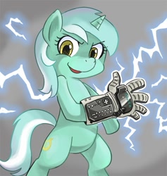 Size: 600x633 | Tagged: safe, artist:shepherd0821, character:lyra heartstrings, species:pony, species:unicorn, bipedal, clothing, electricity, female, gloves, mare, nintendo, nintendo entertainment system, power glove, solo