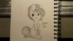 Size: 1280x720 | Tagged: safe, artist:tjpones, oc, oc only, oc:brownie bun, species:earth pony, species:pony, horse wife, cheek fluff, chest fluff, ear fluff, female, grayscale, mare, monochrome, photo, sitting, solo, traditional art