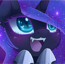 Size: 702x691 | Tagged: safe, artist:magnaluna, edit, character:nightmare moon, character:princess luna, species:pony, blushing, bust, cheek fluff, chibi, cropped, cute, fangs, filly, hoof shoes, missing accessory, moonabetes, nightmare woon, open mouth, portrait, solo, starry eyes, teary eyes, woona