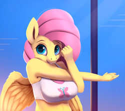 Size: 900x795 | Tagged: safe, artist:rodrigues404, character:fluttershy, species:anthro, breasts, busty fluttershy, butterfly, clothing, cute, female, midriff, shyabetes, solo, sports bra, stretching