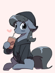 Size: 300x400 | Tagged: dead source, safe, artist:baekgup, oc, oc only, species:earth pony, species:pony, bandana, clothing, cup, drink, drinking, hat, heart, hoodie, looking at you, pink background, simple background, solo
