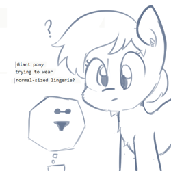 Size: 792x792 | Tagged: safe, artist:tjpones, oc, oc only, species:pony, bra, clothing, giant pony, lingerie, monochrome, panties, question mark, simple background, solo, underwear, white background
