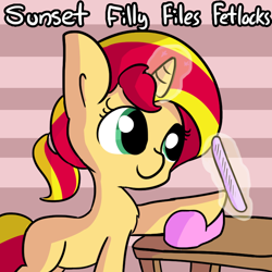 Size: 792x792 | Tagged: safe, artist:tjpones, character:sunset shimmer, species:pony, species:unicorn, alliteration, cute, file, filly, filly sunset shimmer, hooficure, magic, ponytail, shimmerbetes, solo, telekinesis, younger