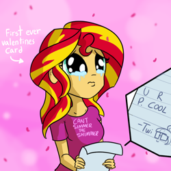 Size: 792x792 | Tagged: safe, artist:tjpones, character:sunset shimmer, character:twilight sparkle, character:twilight sparkle (scitwi), species:eqg human, my little pony:equestria girls, 3:, crying, dilated pupils, female, solo, tears of joy, uguu, valentine's day card, woobie