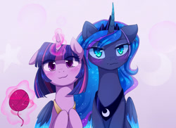 Size: 1599x1162 | Tagged: safe, artist:magnaluna, character:princess luna, character:twilight sparkle, character:twilight sparkle (alicorn), species:alicorn, species:pony, ship:twiluna, :3, bedroom eyes, blushing, colored wings, colored wingtips, cute little fangs, fangs, female, floppy ears, hug, lesbian, looking at you, magic, mare, shipping, slit eyes, smiling, telekinesis, winghug, yarn