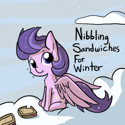 Size: 792x792 | Tagged: safe, artist:tjpones, character:clear skies, species:pegasus, species:pony, :t, bait and switch, cloud, cute, dawwww, eating, fluffy, food, fun with acronyms, hibernation, looking at you, nsfw, pun, sandwich, sitting, smiling, snow, snowfall, solo, spread wings, tjpones is trying to murder us, weapons-grade cute, wings, winter