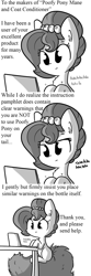 Size: 792x2376 | Tagged: safe, artist:tjpones, oc, oc only, oc:brownie bun, species:earth pony, species:pony, horse wife, cheek fluff, chest fluff, comic, computer, conditioner, dialogue, ear fluff, fluffy, fluffy tail, grayscale, impossibly large tail, laptop computer, mane conditioner, monochrome, simple background, sitting, solo, text, typing, white background, writing