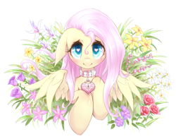 Size: 1280x1008 | Tagged: safe, artist:mlpanon, character:fluttershy, species:pegasus, species:pony, blushing, collar, cute, dawwww, female, floppy ears, flower, heart, heart eyes, heart padlock, keyhole, looking at you, mare, padlock, padlocked collar, questionable source, shyabetes, simple background, smiling, solo, white background, wingding eyes
