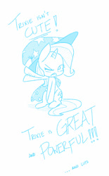Size: 665x1075 | Tagged: safe, artist:grim ponka, character:trixie, species:pony, species:unicorn, blushing, cape, clothing, cute, denial's not just a river in egypt, diatrixes, female, flailing, great and powerful, hat, i'm not cute, mare, one eye closed, open mouth, simple background, sitting, solo, third person, trixie's cape, trixie's hat, white background, wink