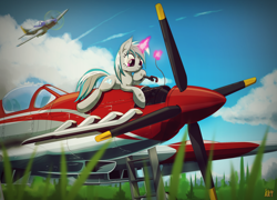 Size: 3000x2158 | Tagged: safe, artist:ruhisu, oc, oc only, oc:windshear, species:pony, species:unicorn, aircraft, airfield, cloud, colored pupils, commission, engineer, female, grass, levitation, magic, mare, mustang, plane, repairing, solo, telekinesis, wrench