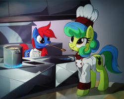 Size: 2383x1920 | Tagged: safe, artist:ruhisu, oc, oc only, species:earth pony, species:pony, chef, chef's hat, clothing, cooking, cooking pot, duo, duo female, female, hat, kitchen, mare, mouth hold, munching, restaurant, spoon, stew