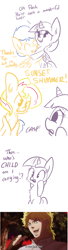 Size: 792x2911 | Tagged: safe, artist:tjpones, edit, character:flash sentry, character:sunset shimmer, character:twilight sparkle, character:twilight sparkle (alicorn), species:alicorn, species:pony, ship:flashlight, ship:sunsetsparkle, clothing, comic, costume, dio brando, female, gasp, hug, implied kissing, implied pregnancy, it was me, jojo's bizarre adventure, lesbian, magical lesbian spawn, male, mare, offspring, phantom blood, ponysuit, shipping, straight, wat, what a twist