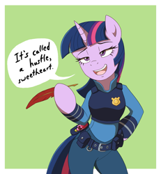 Size: 1875x2025 | Tagged: safe, artist:deannart, character:twilight sparkle, species:pony, g4, arm hooves, badge, belt, bipedal, crossover, dialogue, disney, disney style, feather, female, grin, hoof hold, judy hopps, lidded eyes, mare, open mouth, pen, police officer, quill, quote, reference, semi-anthro, smiling, smug, solo, speech bubble, zootopia