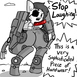 Size: 792x792 | Tagged: safe, artist:tjpones, species:pony, ass, big boss, eyepatch, limited palette, metal gear, metal gear solid 5, monochrome, neo noir, partial color, ponified, prosthetic limb, robot, selective color, the ass was fat