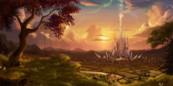 Size: 5300x2656 | Tagged: source needed, safe, artist:devinian, edit, aurora crystialis, bridge, cloud, crepuscular rays, crystal empire, crystal palace, flower, forest, grass, log, mountain, no pony, river, road, scenery, scenery porn, stars, sunset, swing, tree, wallpaper