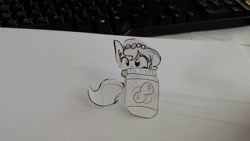 Size: 1280x720 | Tagged: safe, artist:tjpones, oc, oc only, oc:brownie bun, species:earth pony, species:pony, horse wife, black and white, craft, cute, cutout, ear fluff, female, food, grayscale, lineart, mare, monochrome, papercraft, peanut butter, solo, traditional art