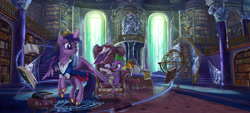 Size: 5940x2693 | Tagged: safe, artist:devinian, character:owlowiscious, character:spike, character:twilight sparkle, character:twilight sparkle (alicorn), species:alicorn, species:bird, species:owl, species:pony, absurd resolution, armillary sphere, book, bookshelf, chair, clothing, crystal, detailed, female, flying, globe, hoof shoes, ladder, lamp, levitation, library, luxury, magic, magic circle, mare, necklace, painting, pillar, princess shoes, quill, railing, scenery, scenery porn, scroll, sitting, stairs, statue, technical advanced, telekinesis, twilight's castle, twilight's castle library, window