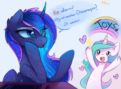Size: 1600x1174 | Tagged: dead source, safe, artist:magnaluna, character:princess celestia, character:princess luna, species:alicorn, species:pony, episode:the crystalling, g4, my little pony: friendship is magic, :o, blush sticker, blushing, buy our toys, chibi, cute, cutelestia, dialogue, duo, ethereal mane, female, frown, galaxy mane, happy, heart, implied princess flurry heart, leaning, mare, open mouth, rainbow, royal sisters, sisters, smiling, swirly markings, transparent mane, truth, unamused, underhoof, wacom tablet