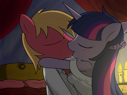 Size: 900x673 | Tagged: safe, artist:sandwich-anomaly, character:big mcintosh, character:twilight sparkle, species:anthro, ship:twimac, bedroom, female, honeymoon, hug, kissing, male, shipping, straight